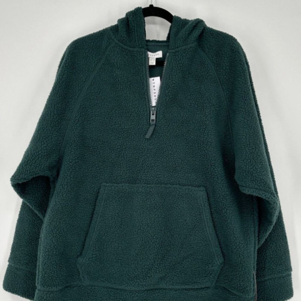 Topshop Borg Quarter Zip Fleece Hoodie Long Sleeve Pouch Pocket Sweater